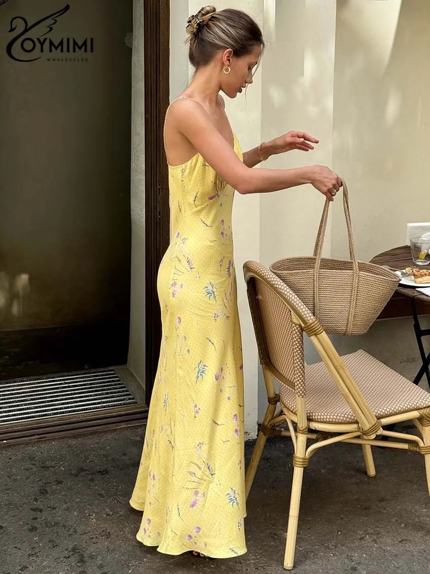 Oymimi Abito da donna casual con stampa gialla Elegante cinturino per spaghetti Abiti aperti sul retro Abito alla caviglia a vita alta moda autunnale