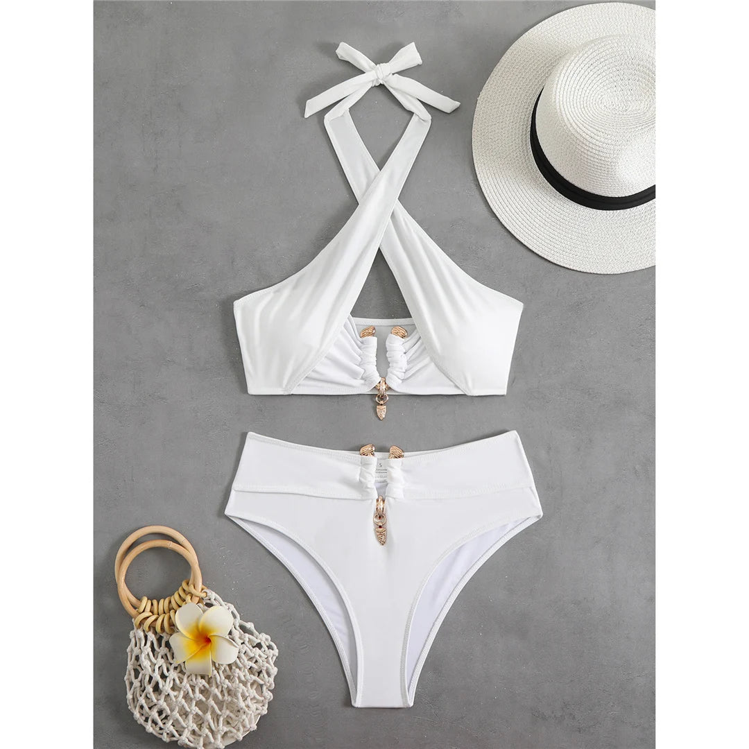 Bikini a vita alta con cut-out e allacciatura al collo da donna 2026 - Set due pezzi imbottito V6256