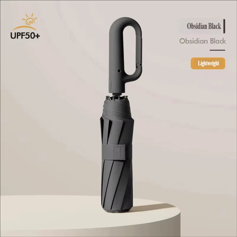 Grande Ombrello Pieghevole Automatico con Fibbia ad Anello, Personalizzabile per Aziende, Antivento con Rivestimento Nero, Doppio Uso Sole e Pioggia