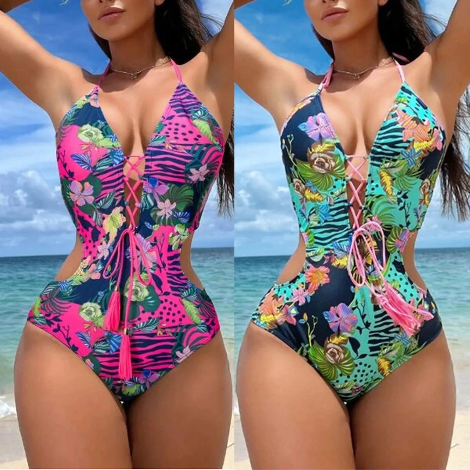 Women'S One-Piece Swimsuit With Crossed Ropes Tassels Chest Waist Cinching Swimwear Suits Backless Buckle Bikini For Women