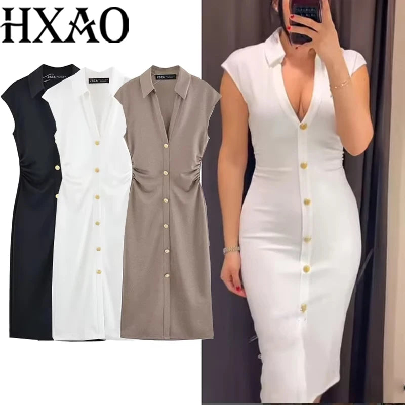 HXAO Camicia increspata Abiti longuette 2025 Donna Estate senza maniche Abito bianco nero Donna Aderente Elegante abito casual da donna 088