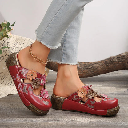 Damen-Sommersandalen mit Blumen im Ethno-Stil, Retro-Plateau-Hausschuhe, handgefertigt, bequem zum Gehen