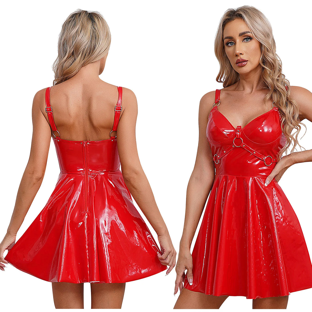 Abito sottoveste in pelle verniciata Sexy effetto bagnato da donna O-Ring rivetti con spalline scollo a V Punk gotico a-line Mini abiti Rave Party Clubwear