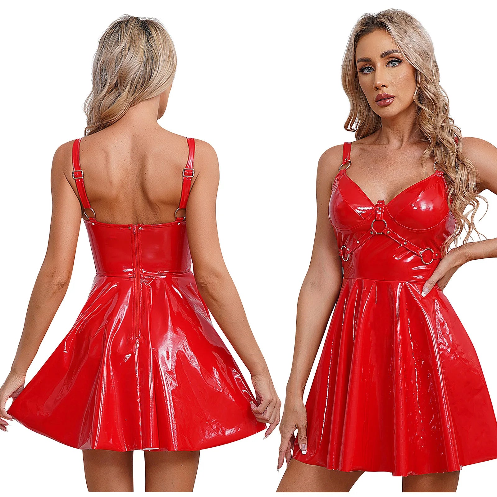 Abito sottoveste in pelle verniciata Sexy effetto bagnato da donna O-Ring rivetti con spalline scollo a V Punk gotico a-line Mini abiti Rave Party Clubwear
