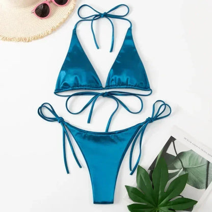 Sexy Halter Satin Brazilian Bikini Women Swimwear Female Swimsuit Two-pieces Bikini Set Bather Bathing Suit Swim Women Swimsuit