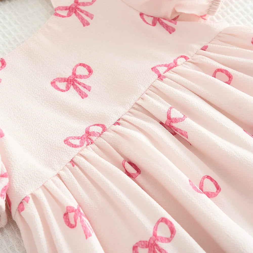 Bear Leader Abiti casual estivi per ragazze a maniche corte Stampa fiocco rosa Collo quadrato Dolce abito da principessa Abbigliamento semplice quotidiano per bambini