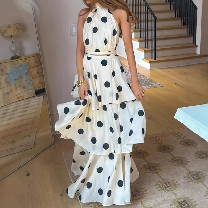 2025 Nuovi vestiti estivi Top senza maniche casual da donna e gonna lunga torta Set da due pezzi Abito da spiaggia a strati slim fit con spalle scoperte