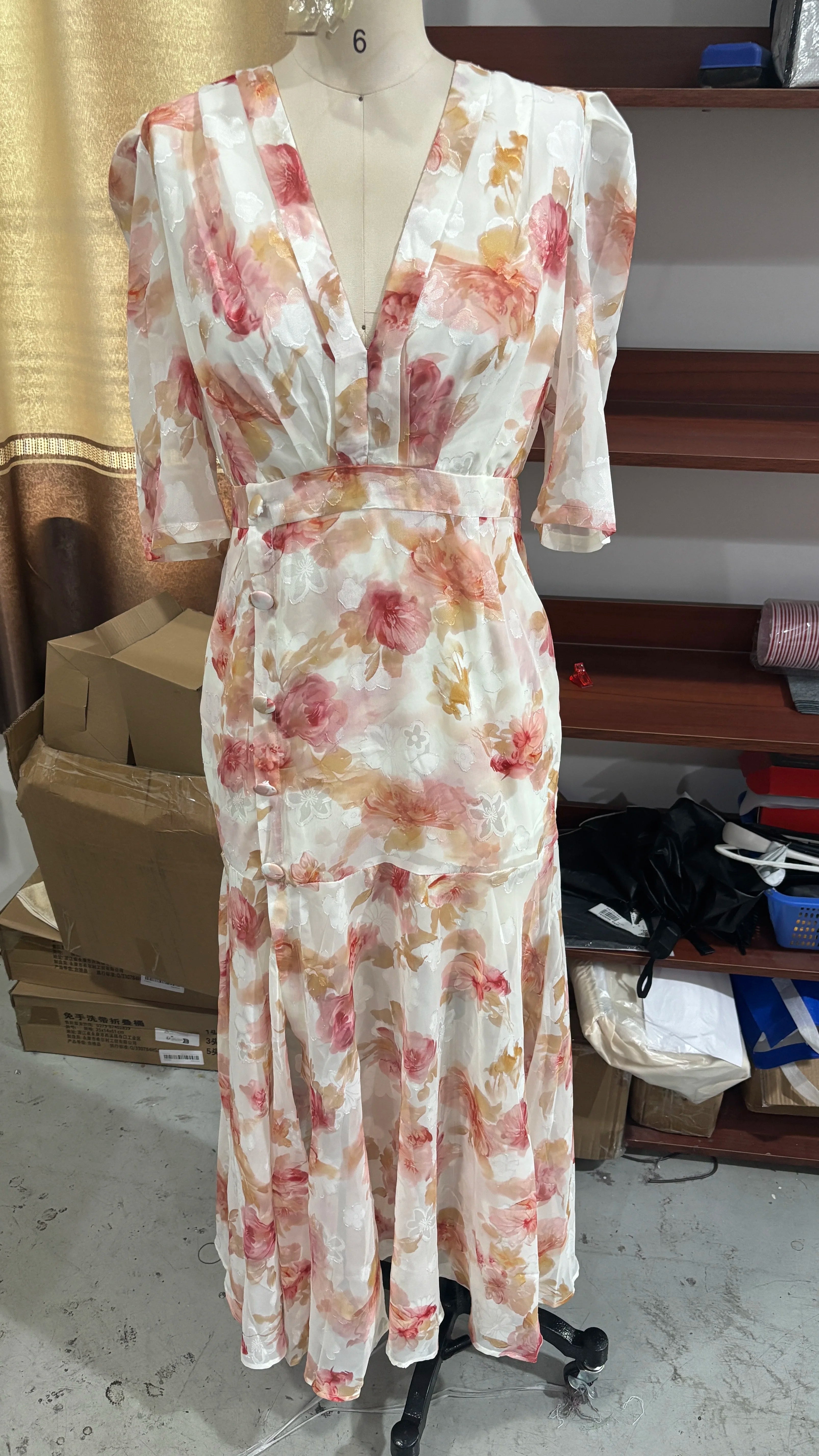 Abito Lungo da Donna con Stampa, Scollo a V, Maniche a Campana, Bordo a Foglia di Loto, Vita Alta, Vestito Maxi Aderente, Elegante Abito da Sera per Feste