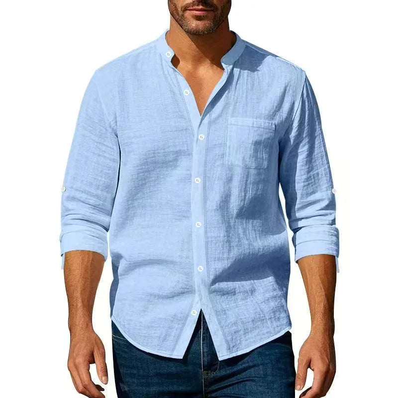 Camicia in cotone e lino da uomo, collo Henley, tinta unita, leggera, traspirante, vestibilità slim, abbottonatura singola, maniche lunghe.