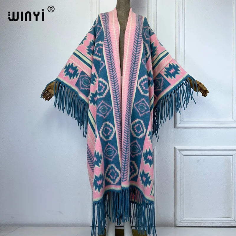 WINYI Inverno Donna Cardigan con frange stampa abaya dubai Cappotto di lusso Cappotto allentato Spessore caldo Capispalla femminile lungo piumino