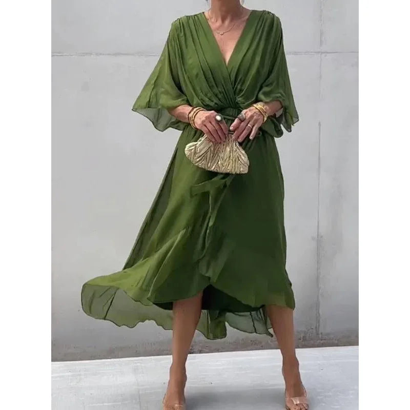 Abiti da festa eleganti in chiffon solido per le donne Sexy scollo a V maniche a pipistrello Lace Up Ruffles Abito lungo irregolare Abito casual Femme