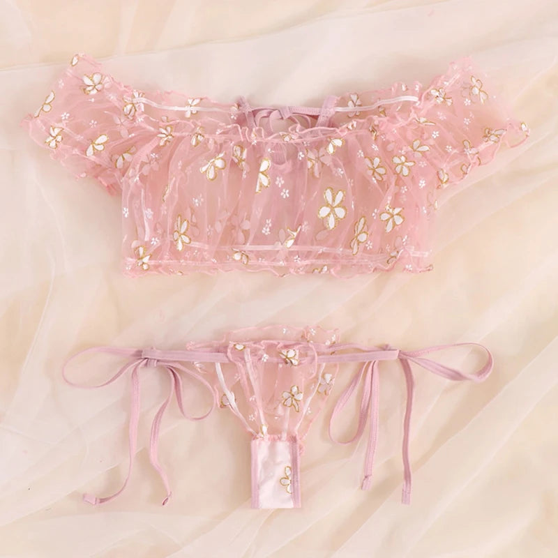 Sexy Summer Women's Underwear Seductive Floral Dreamy Lingerie Off-Shoulder Seduce Bralette Tops Panties Transparent Erotic Set