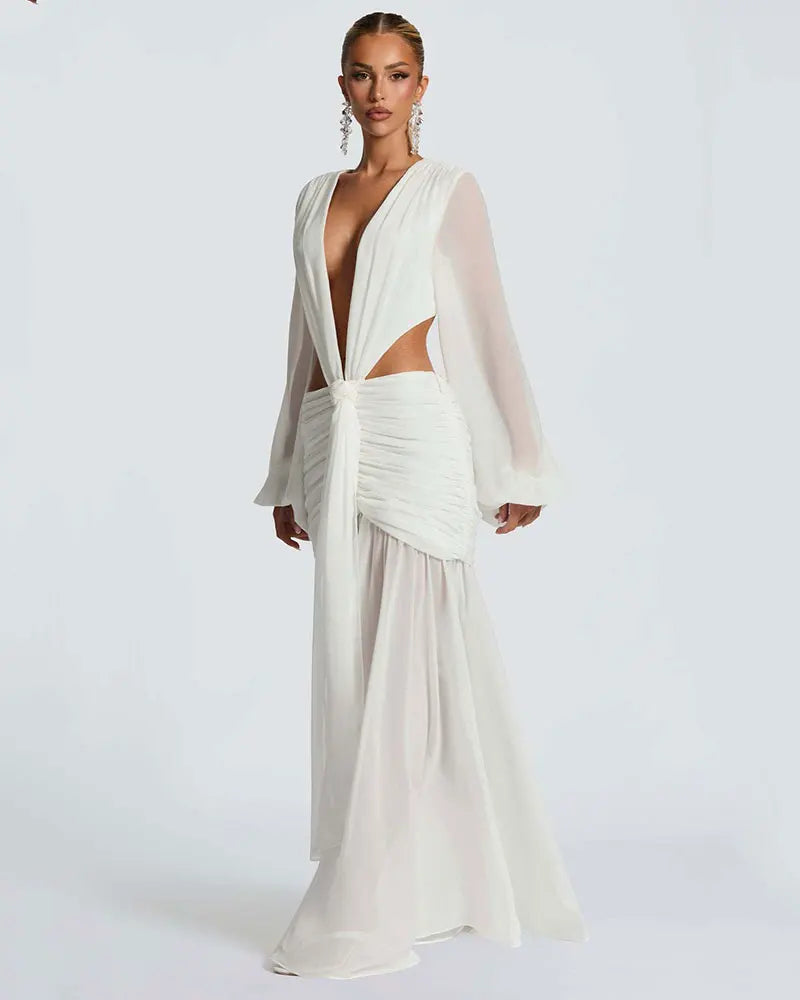 GACVGA Abito lungo elegante in chiffon per donna Nuovi abiti con maniche a lanterna Abiti lunghi aderenti da club sexy pieghettati