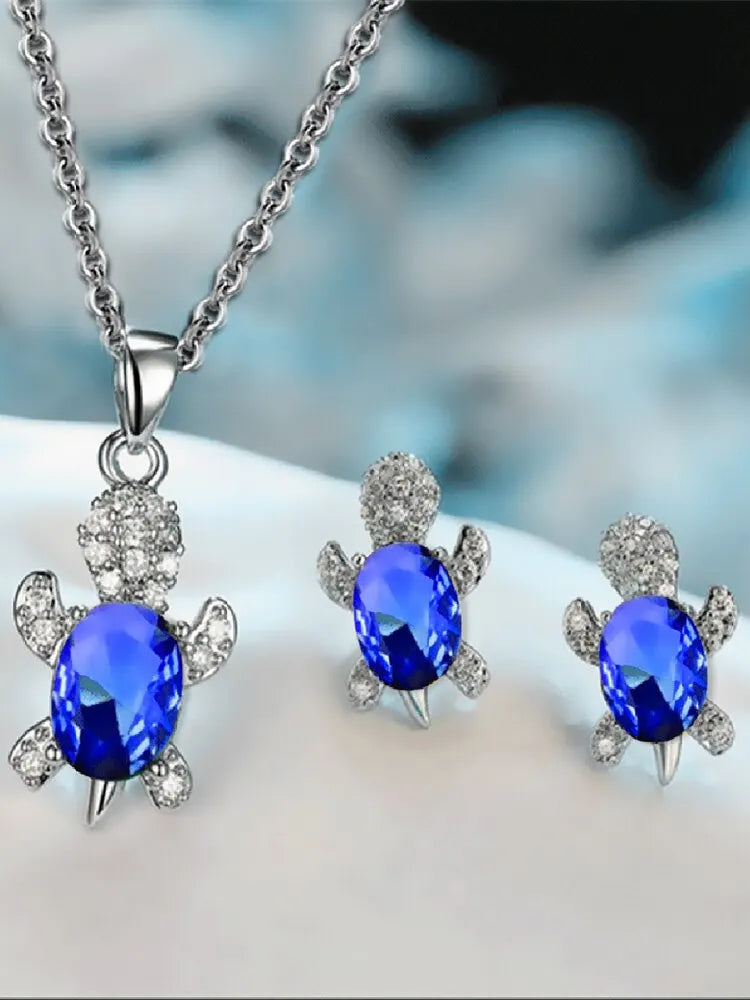 Set di orecchini con collana placcati in argento da 3 pezzi da donna a forma di tartaruga in stile moda di lusso leggero con diamante in vetro multicolore