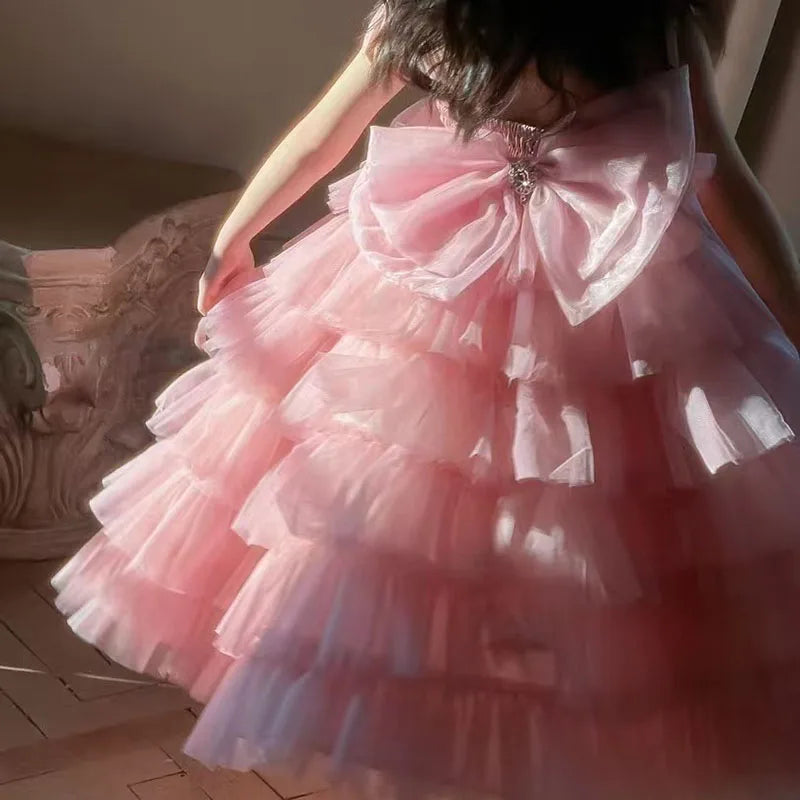 Mädchen Prinzessinnenkleider Ärmelloses bauschiges Kinder Süßes Tüllkleid Glänzendes Kuchen Rückenfreies Geburtstagsparty-Kleidung Kinder Ballkleid