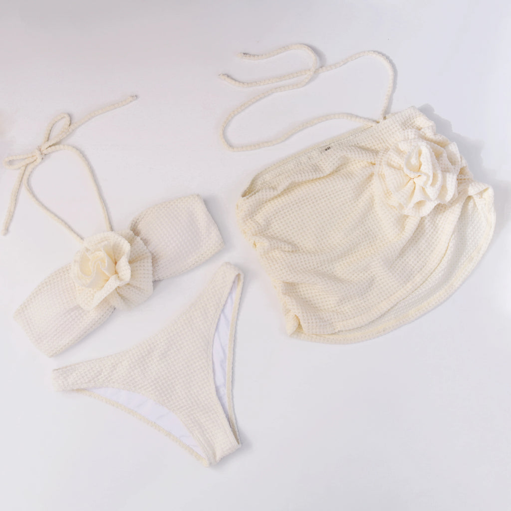 2025 Sexy Flowers Three Pieces Bikini Set Swimsuit For Women Solid Bandage Swimwear Female Bathing Suit Beachwear Swimming Suit