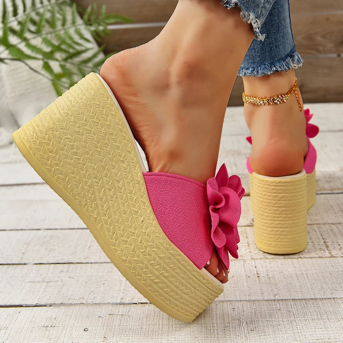 Aphixta Pearl Design Women Wedge Heels Slippers BabyPink Flower Sweet Mulers 4cm Platform Sandals Clog Shoe Slides Plus Size 43
