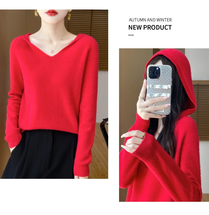Abbigliamento donna autunno inverno colletto con cappuccio pullover maglione di lana merino 100% nuova moda top in cashmere che tocca il fondo maglieria morbida