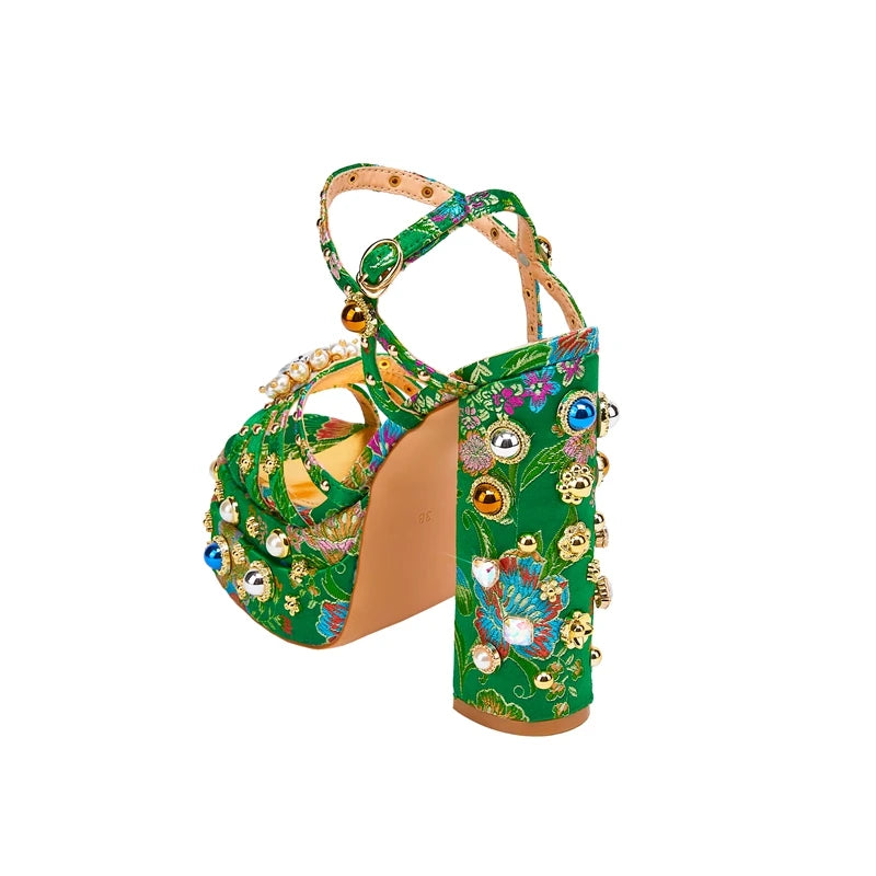 Neue Damen Sommer Plateau Sandalen wasserdicht dicker Boden Wasser Diamant Perle Niete Blume Satin offene Spitze High Heels groß