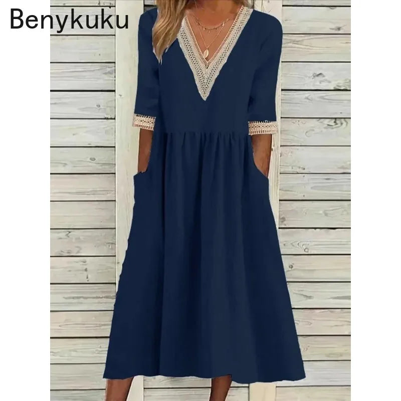 Abito Estivo da Donna 2026 Nuovo in Cotone e Lino a Mezza Manica con Scollo a V, Vestito Casual Chic Vintage con Inserti, Vestito Midi Ampio