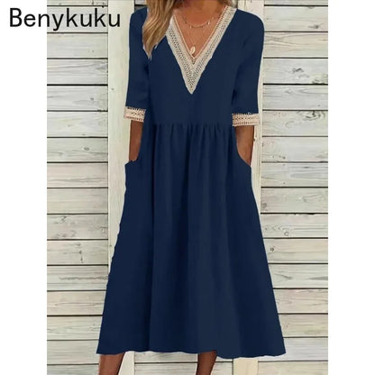 Abito Estivo da Donna 2026 Nuovo in Cotone e Lino a Mezza Manica con Scollo a V, Vestito Casual Chic Vintage con Inserti, Vestito Midi Ampio