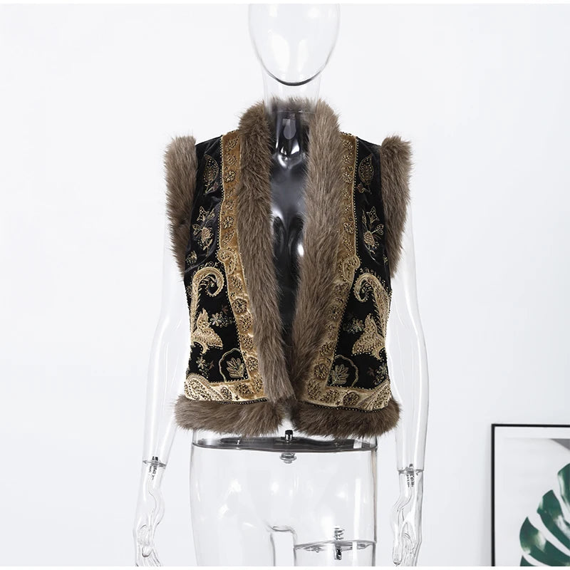 Gilet senza maniche modello Paisley vintage da donna con finiture in pelliccia di procione Gilet moda Capispalla 2025 Autunno Inverno Streetwear
