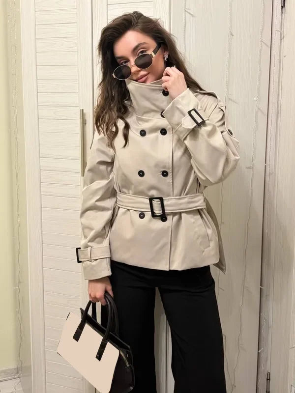 Cappotto Trench Minimalista Marrone con Cintura in Vita per Donne, Giacca Vintage a Doppio Petto con Colletto Alto, Nuovo Modello Autunno 2026, Elegante e Casual