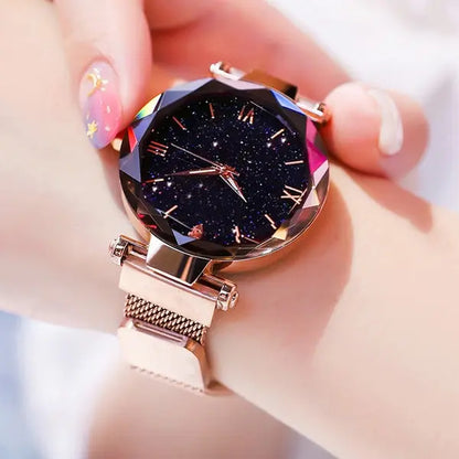 Orologi da donna con cielo stellato alla moda, fibbia magnetica, cintura in rete, orologio al quarzo con diamanti, orologio da donna