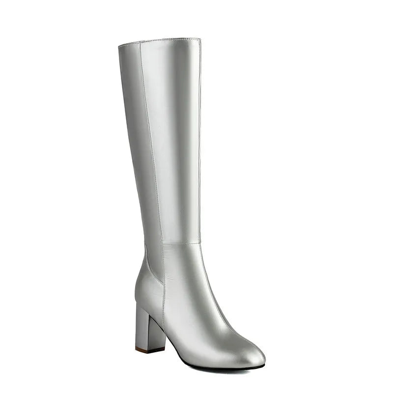 Black Long Boots Women's Fashionable Thick Heels Side Zipper Ladies Shoes Soft PU Leather Knee High Boots Plus Size 43 44 45 46
