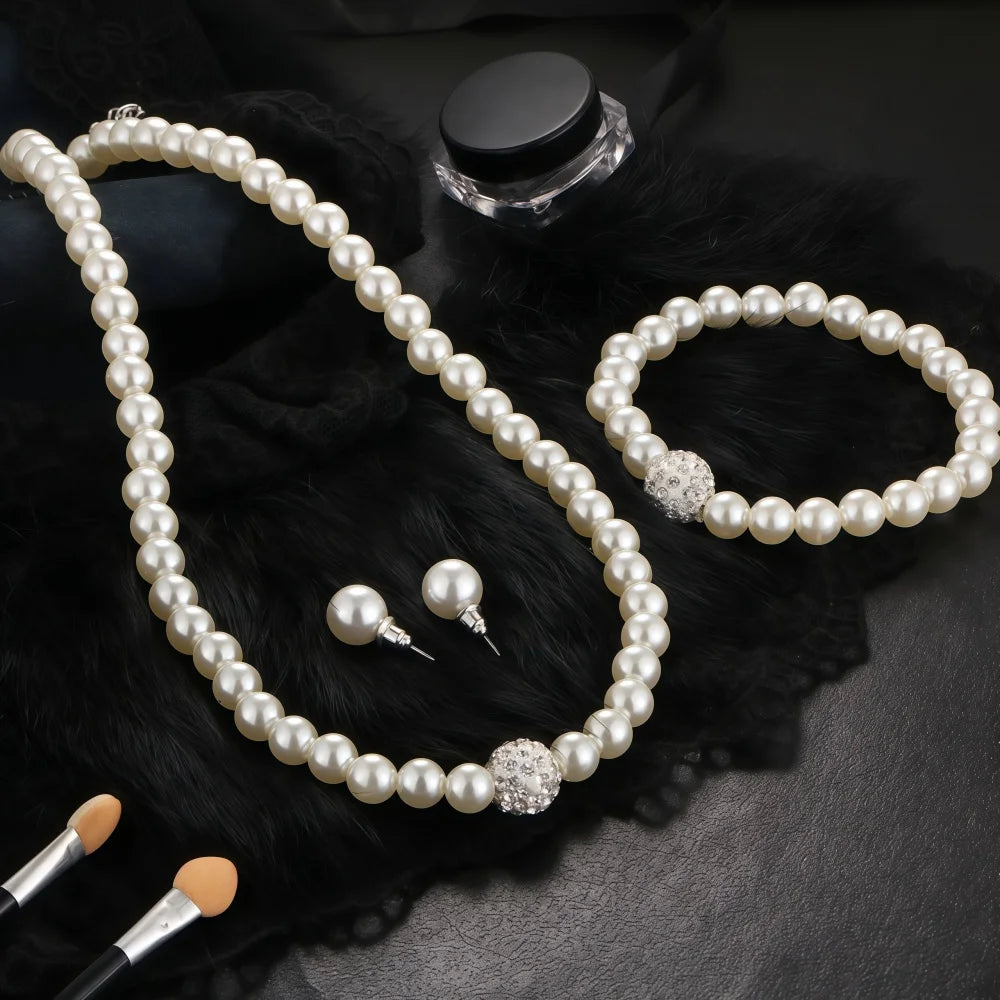 3 pezzi di perle finte palla di fuoco collana braccialetto orecchino set di gioielli con perno colore argento pietra di cristallo elegante regalo di gioielli da sposa