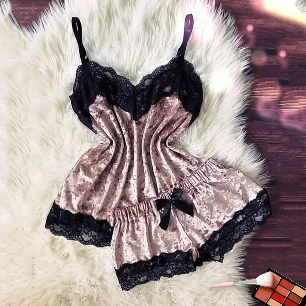 Sommerliche Spitzen-Nachtwäsche Sexy Satin-Pyjama-Set Damen Nachthemd 2-teiliges Crop-Top- und Shorts-Set Homewear Loungewear
