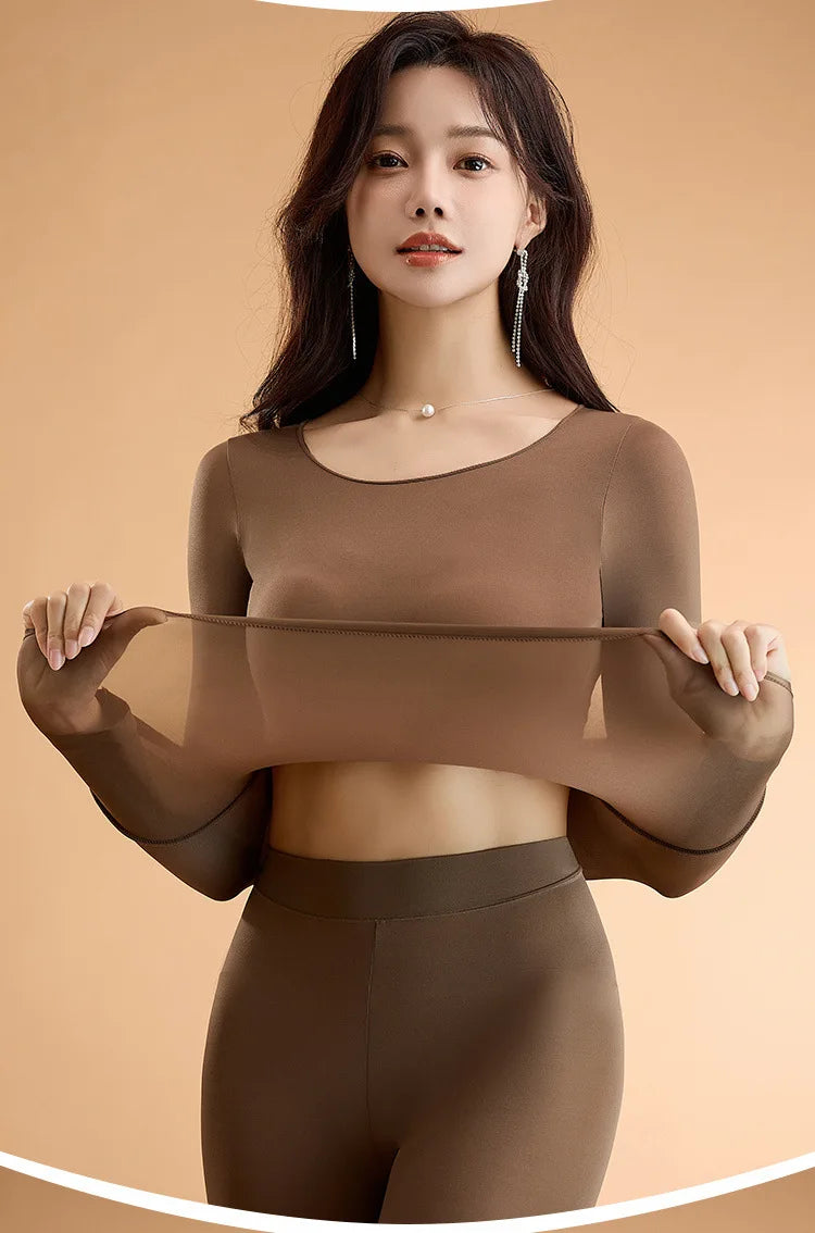 Intimo termico invernale da donna Senza cuciture Tinta unita Alta elasticità Top ultrasottile Manica lunga Sottile Traspirante Mantieni la lingerie calda