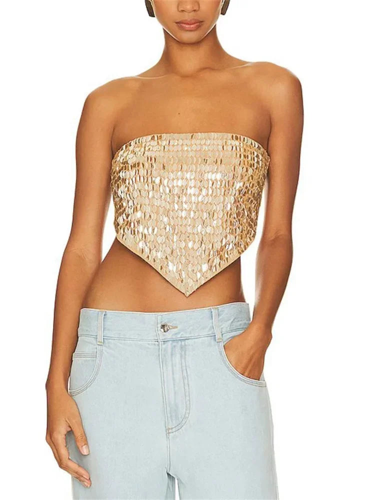 Summer Sexy Sequin Vest Top Female Backless Beach Holiday Clothes Cropped Y2k Tube Tops Patchwork Shiny Women's Tank Top