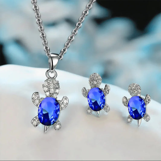 Set di orecchini con collana placcata in argento da 3 pezzi, da donna, leggero, di lusso, in stile moda, a forma di tartaruga con diamante in vetro multicolore