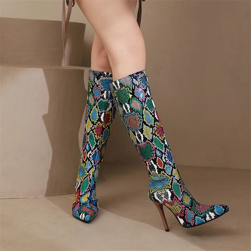 2025 White Snake Print Leather Knee High Boots Thin Heel Zipper Sexy Party Shoe Pointy Toe Thigh High Woman Long Boot Size 34-43