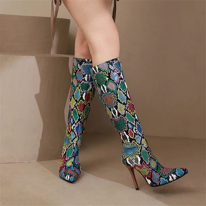 2025 White Snake Print Leather Knee High Boots Thin Heel Zipper Sexy Party Shoe Pointy Toe Thigh High Woman Long Boot Size 34-43