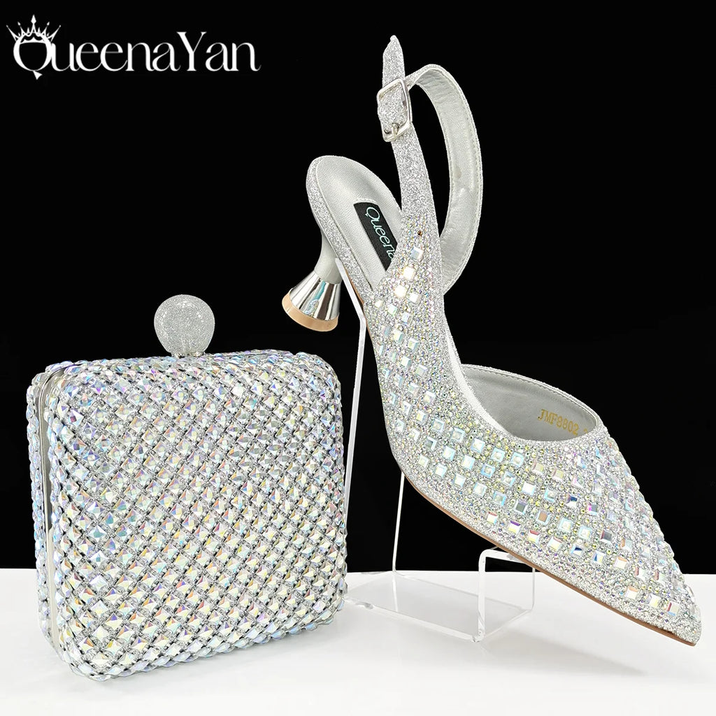 Queena Yan Italian Design Rhinestone Luxury Green Colour Pointed Toe Shoe & Bag Set Women's High Heels for Parties High Quality