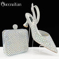 Queena Yan Italian Design Rhinestone Luxury Green Colour Pointed Toe Shoe & Bag Set Women's High Heels for Parties High Quality