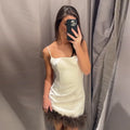 Abito Mini da Donna con Piume e Patchwork, Sexy, con Spalline, Scollo a Barca, Schiena Scoperta, Cerniere, Vestito Aderente da Donna 2026, Abito da Festa Elegante