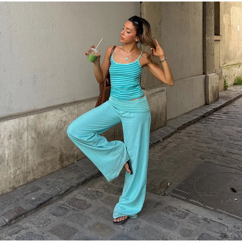 Pantaloni Lunghi a Gamba Larga con Vita Elastica per Donna, Tessuto Elasticizzato, Nuova Collezione 2026, Outfit Casual Estivo da Donna per Uso Quotidiano e Street Style
