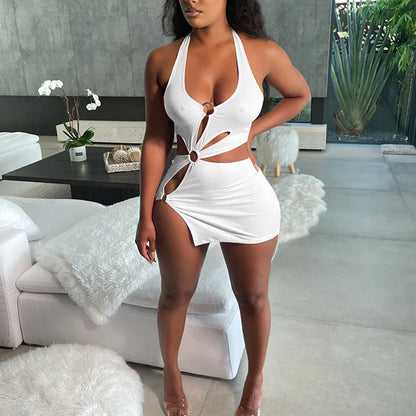 Robes d'été femme 2022, robe moulante sexy mini élastique évidée taille haute, élégante sans manches orange pour club de soirée