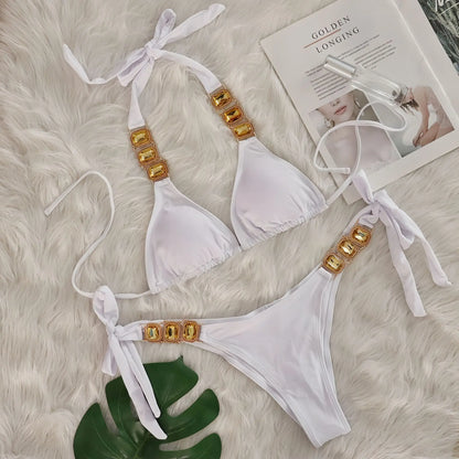 2025 Costume da bagno da donna in 2 pezzi con stringhe di strass e bikini sexy da spiaggia