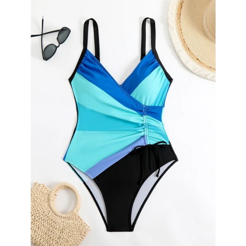 Printing V Neck Swimming Suit for Women Fashion Slim Side Drawstring Bathing Suit Bodysuit Female One Piece Swimsuit Beachwear