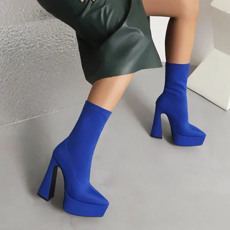 Denim Short Plush Boots Thick Bottom 15cm High Heel Pointed Elastic Size 34-45 Short Boots 2024 New Winter Women's Shoes