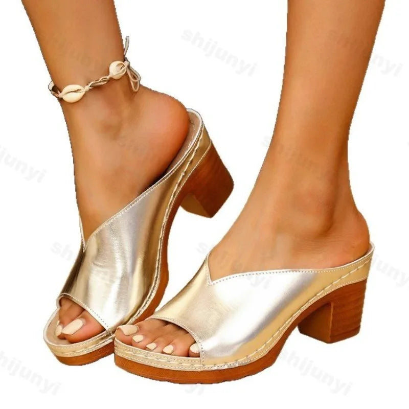 Sexy Damen-Sommersandalen mit offener Spitze, goldenem Stilettoabsatz, modischen Pantoletten für den Außenbereich, bequem und weich mit Plateau