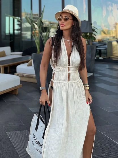 Copricostume Sexy 2026 con Scollo a V e Schiena Aperta, Vestito Lungo da Spiaggia per Donna con Cintura Intrecciata, Tunica Lunga con Spacco, Abito Vintage da Festa A2922