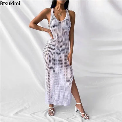 New Women's Sexy Knitted Midi Dresses Summer Elegant Beachwear Hollow Out Fishnet Bikini Cover-ups Vacation Long Dress for Girls