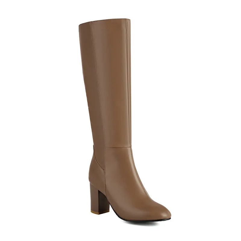 Black Long Boots Women's Fashionable Thick Heels Side Zipper Ladies Shoes Soft PU Leather Knee High Boots Plus Size 43 44 45 46