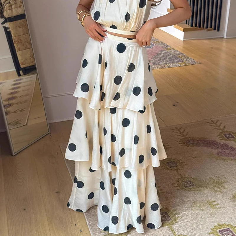 2025 Nuovi vestiti estivi Top senza maniche casual da donna e gonna lunga torta Set da due pezzi Abito da spiaggia a strati slim fit con spalle scoperte
