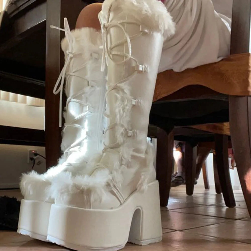 Big Size 46 Winter y2k Pink Knee High Boots Women White Chunky Platform Boots Gothic Black Faux Fur Block High Heels Boots Shoe
